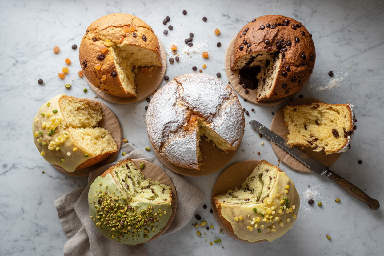 Immagine di panettoni presi dall’alto di diversi gusti 